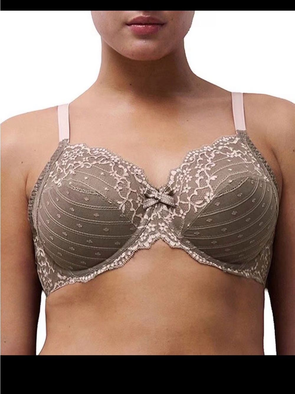 Chantelle Lace-Trim Underwire Bra in Taupe with Blush Straps